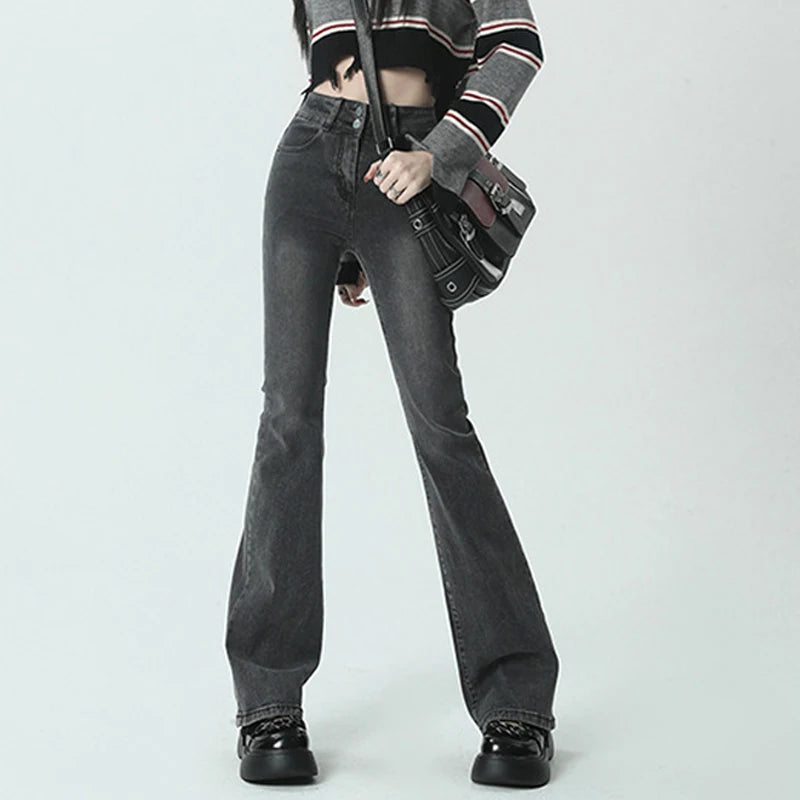 Summer Flared Jeans Women Cotton Vintage Blue Denim Pants Streetwear Elastic High Waist Slim Harajuku Trousers